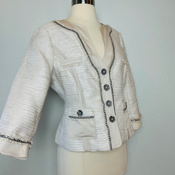White House Black Market 2 Piece Pants Suit Size 4 Beige Tweed Embellished - Picture 3 of 15